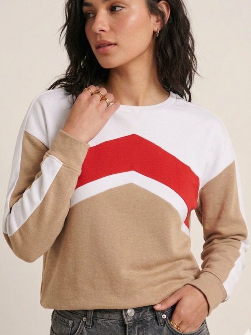 Chevron Color Block Crew Neck Sweatshirt Red Tan White Medium womens TopShop